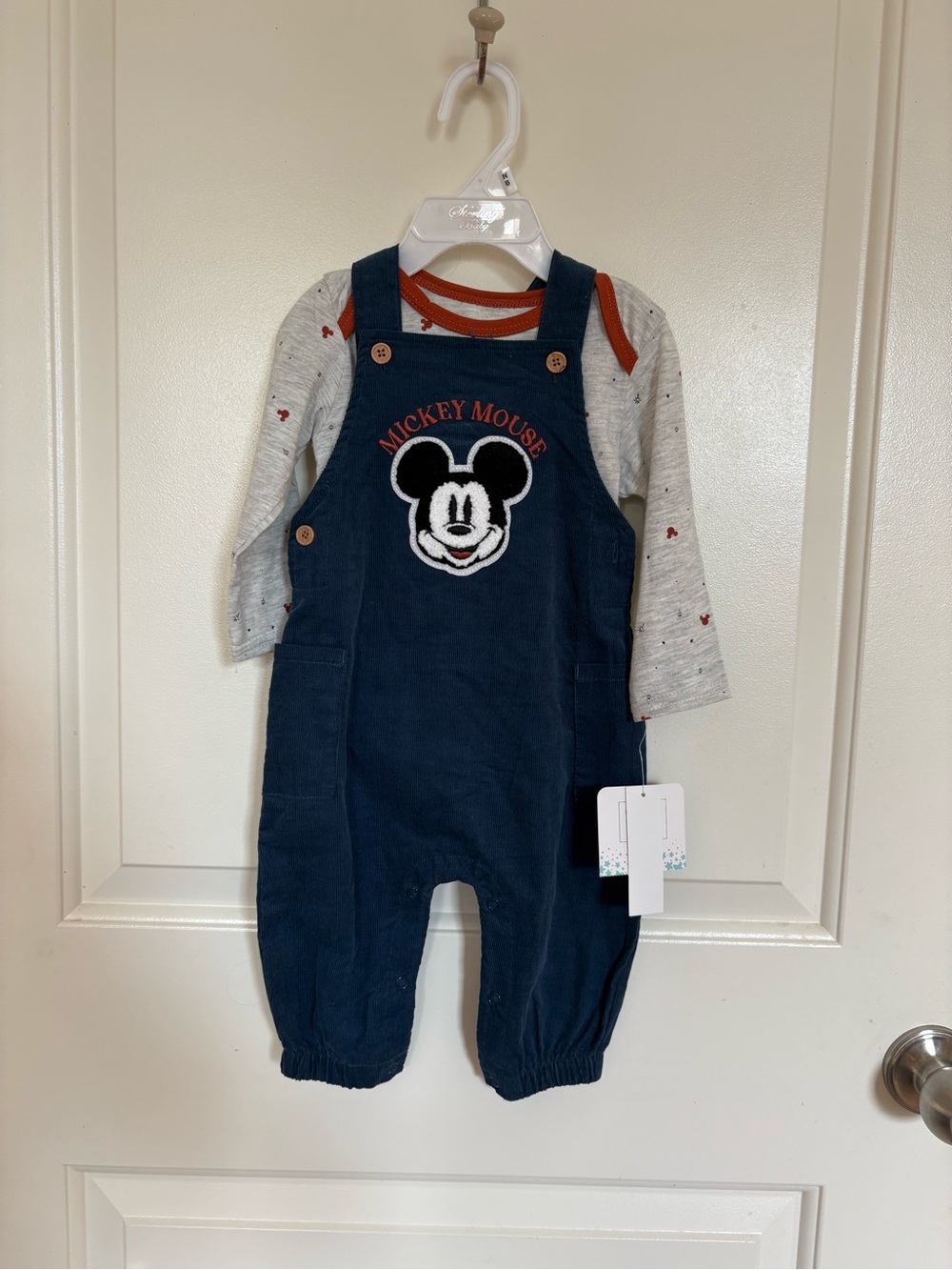 Disney Baby Navy Corduroy Mickey Mouse Overalls with Gray & Rust Trim Bodysuit